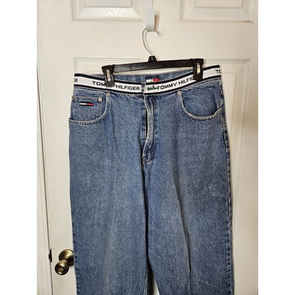 Vintage Tommy Hilfiger Jeans Mens 36x32 Blue Big Flag Straight Y2K Pants Baggy - Picture 2 of 12
